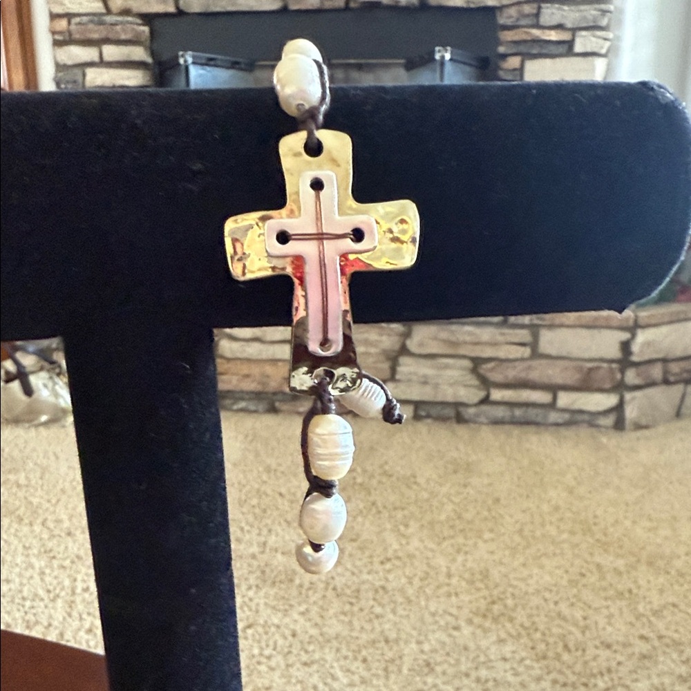 Christian Cross Bracelet Pearl Cord Adjustable Faith Jewelry Gift Boho